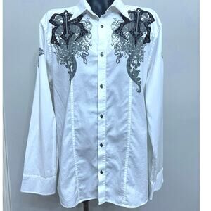 Vintage Roar Embroidered Button Up Shirt Men’s 2XL Wt/Bk/Gy Y2K 90s Grunge